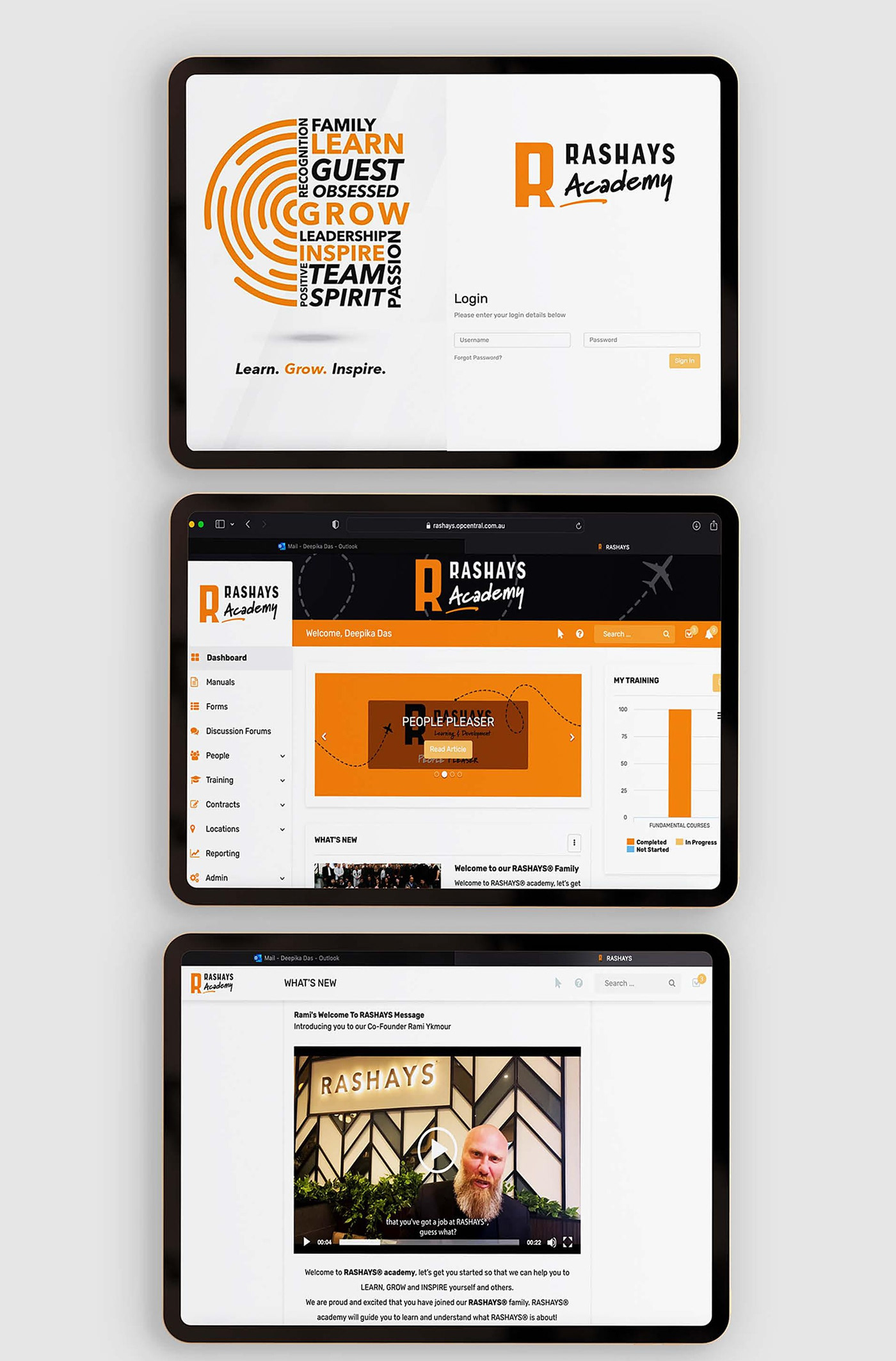 Rashays Academy learning portal, login and dashboard screens