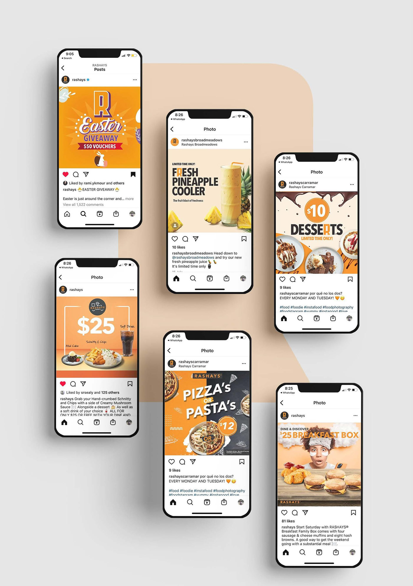 Rashays social media posts shown on mobile screens